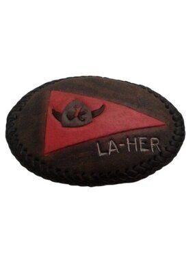 Vintage La-Her Tooled Leather Belt Buckle With Red & Black Viking Design